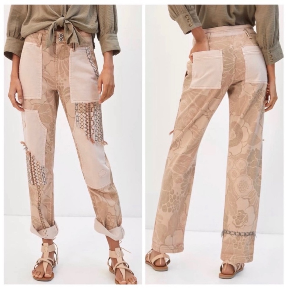 Anthropologie Patchwork Straight-Leg Pants in Beige & Cream
